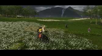 A screenshot of Atsu riding on horseback near multiple horses and people in Ghost of Yotei