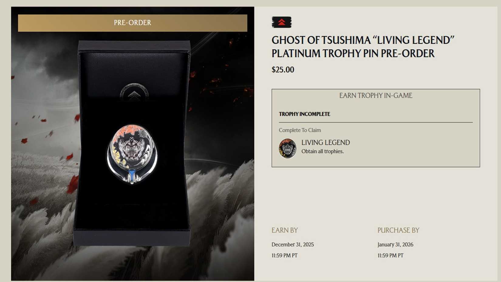 A shot of the pin Franchise Reward for Ghost of Yotei