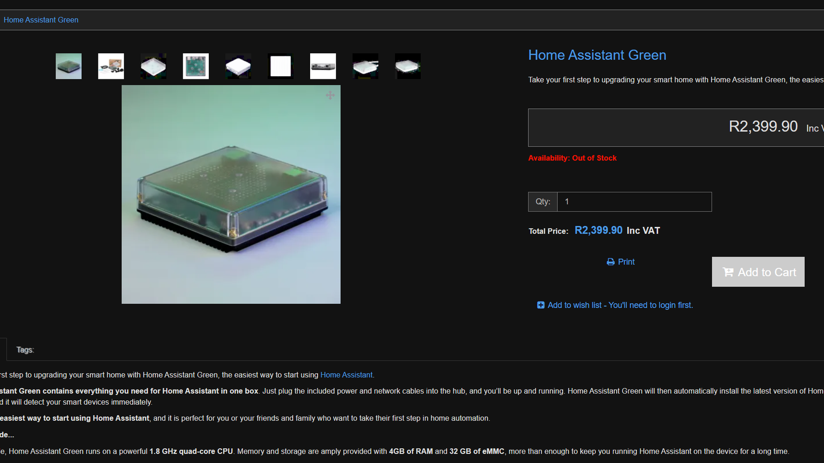home assistant store listing showing an out of stock label