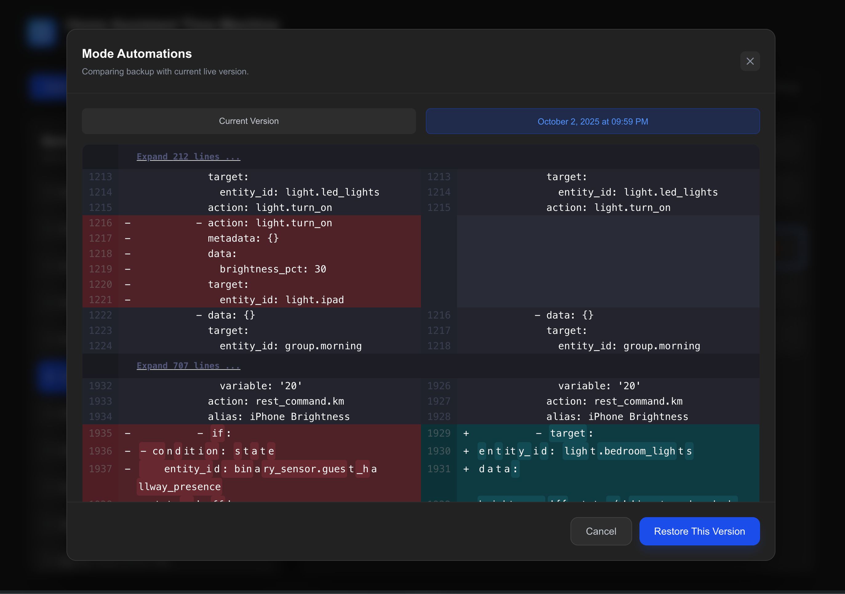 home assistant time machine showing the differences between two backups