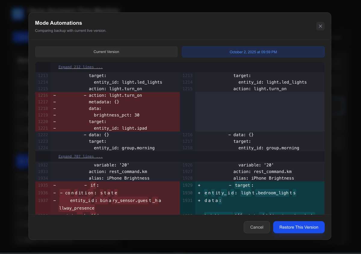 home assistant time machine showing the differences between two backups