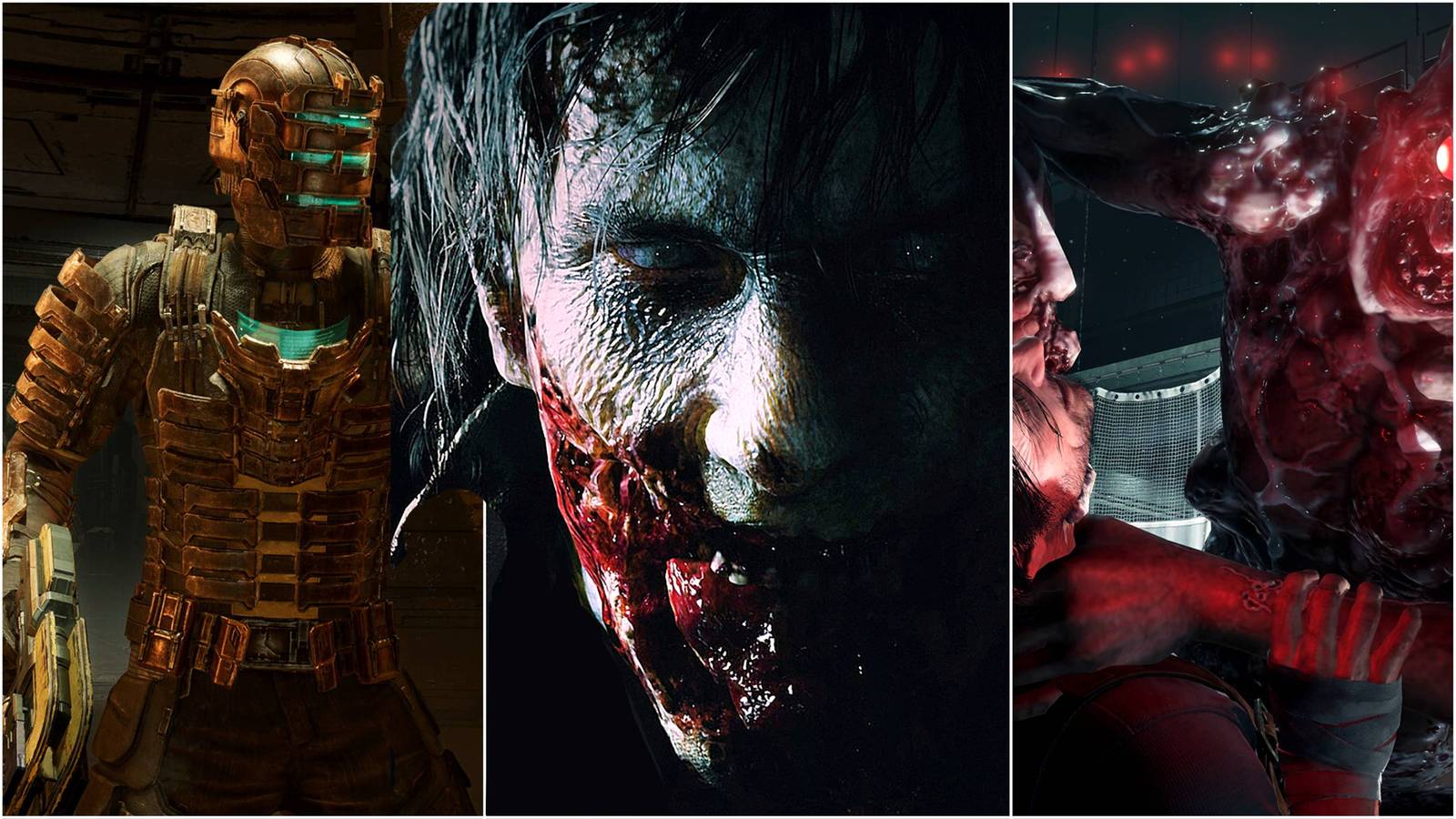 Isaac Clarke from Dead Space, a zombie from Resident Evil 2, and a monster attacking Sebastian from The Evil Within 2.