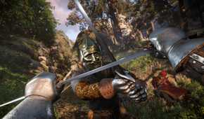 First-person perspective of sword-based combat in Kingdom Come: Deliverance II.