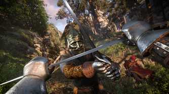 First-person perspective of sword-based combat in Kingdom Come: Deliverance II.