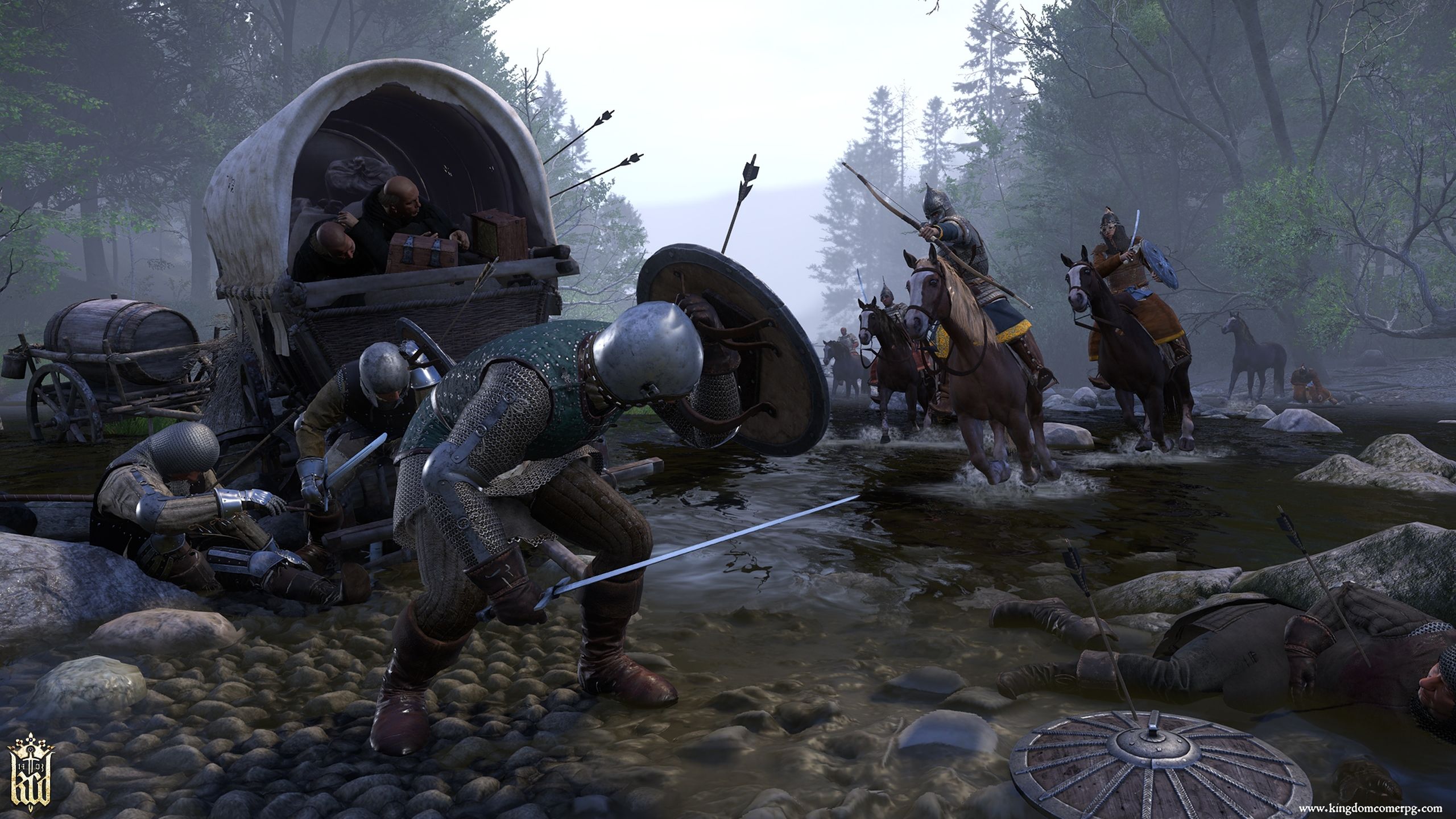 Combat next to a stream in Kingdom Come: Deliverance.
