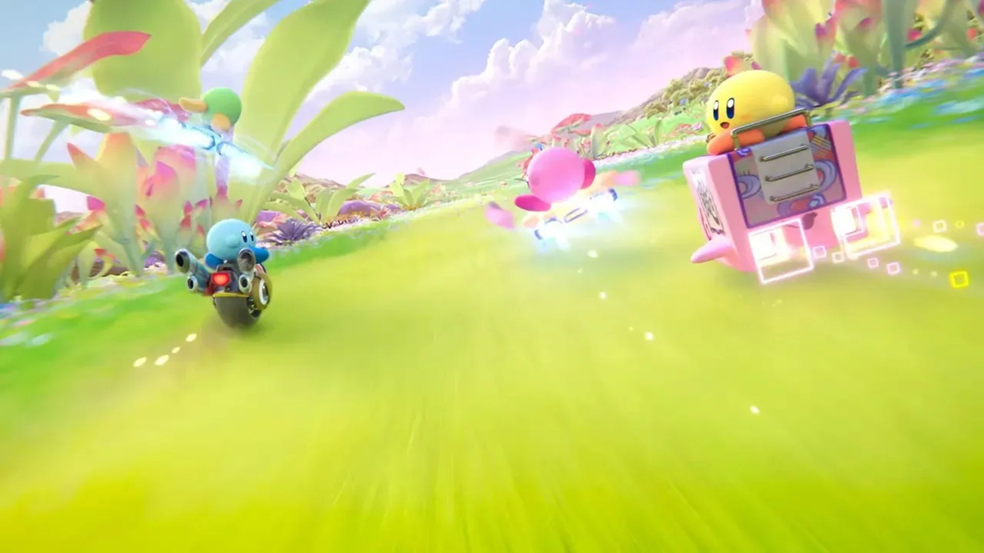 A screenshot of multiple Kirbys riding machines in Kirby Air Riders