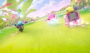 A screenshot of multiple Kirbys riding machines in Kirby Air Riders