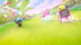 A screenshot of multiple Kirbys riding machines in Kirby Air Riders