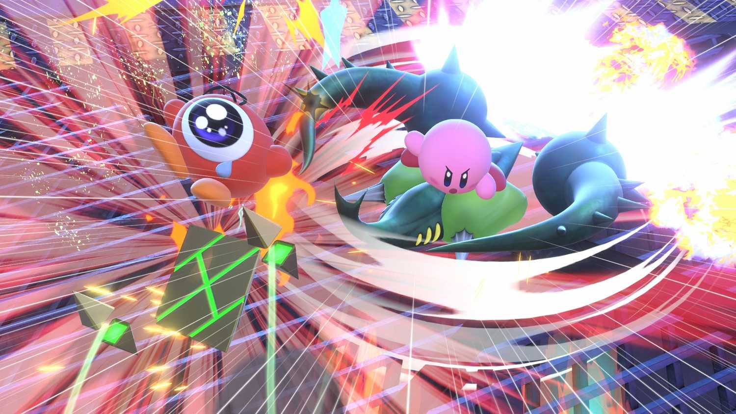 A screenshot of Kirby attacking Waddle Doo in Kirby Air Riders