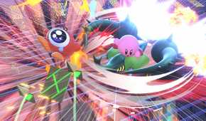 A screenshot of Kirby attacking Waddle Doo in Kirby Air Riders