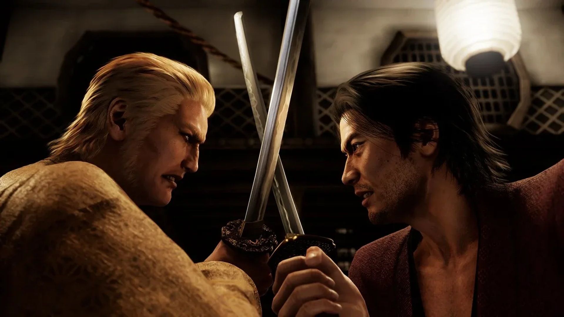 A screenshot of a sword clash in Like A Dragon: Ishin!