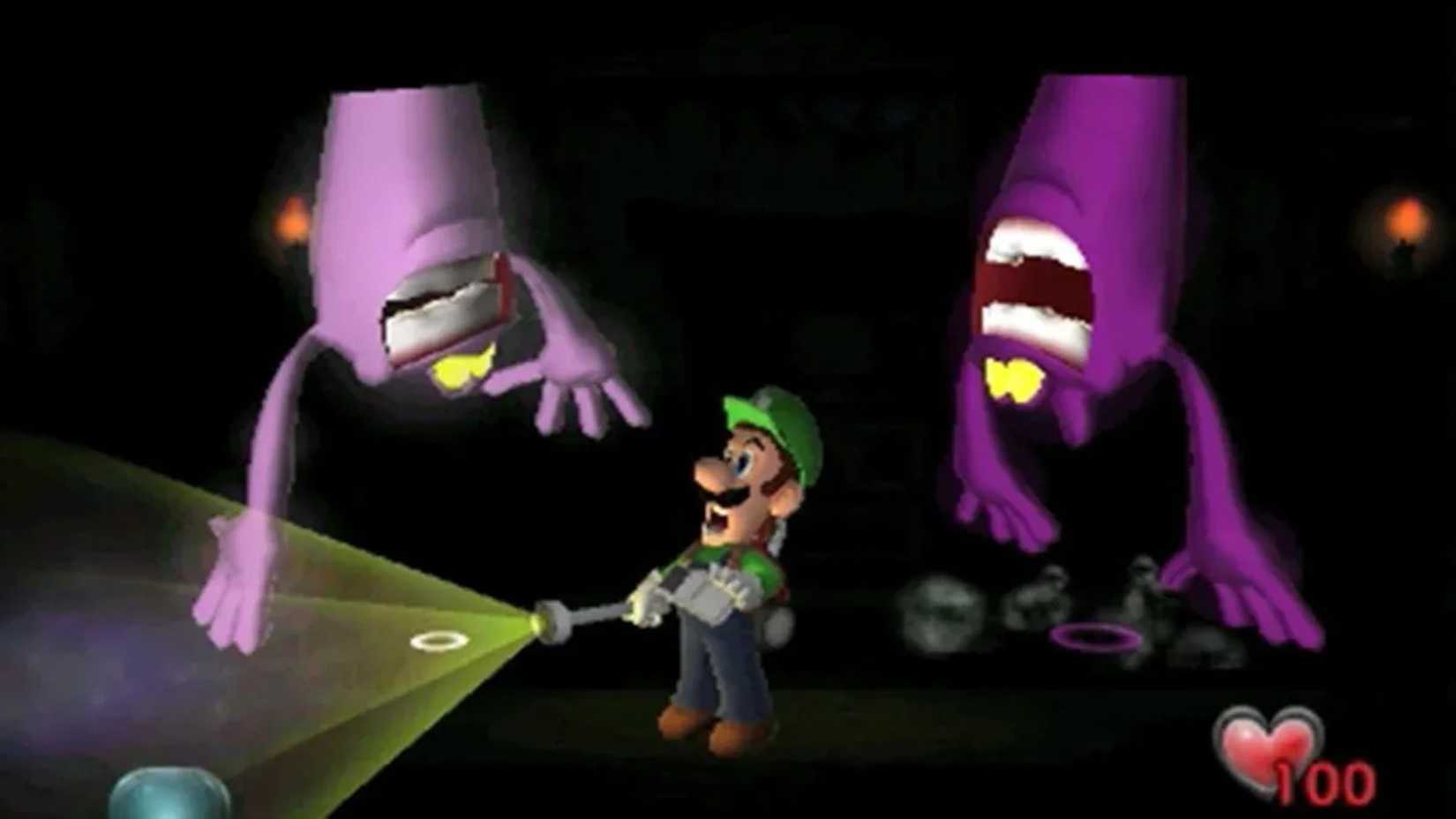 Una captura de pantalla de Luigi encontrándose con fantasmas en Luigi's Mansion.