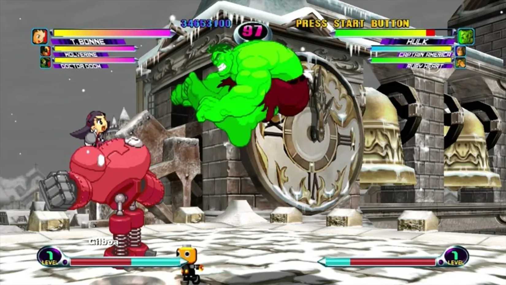 Una captura de pantalla de un partido entre Hulk y Tron Bonne en Marvel vs Capcom 2: New Age of Heroes