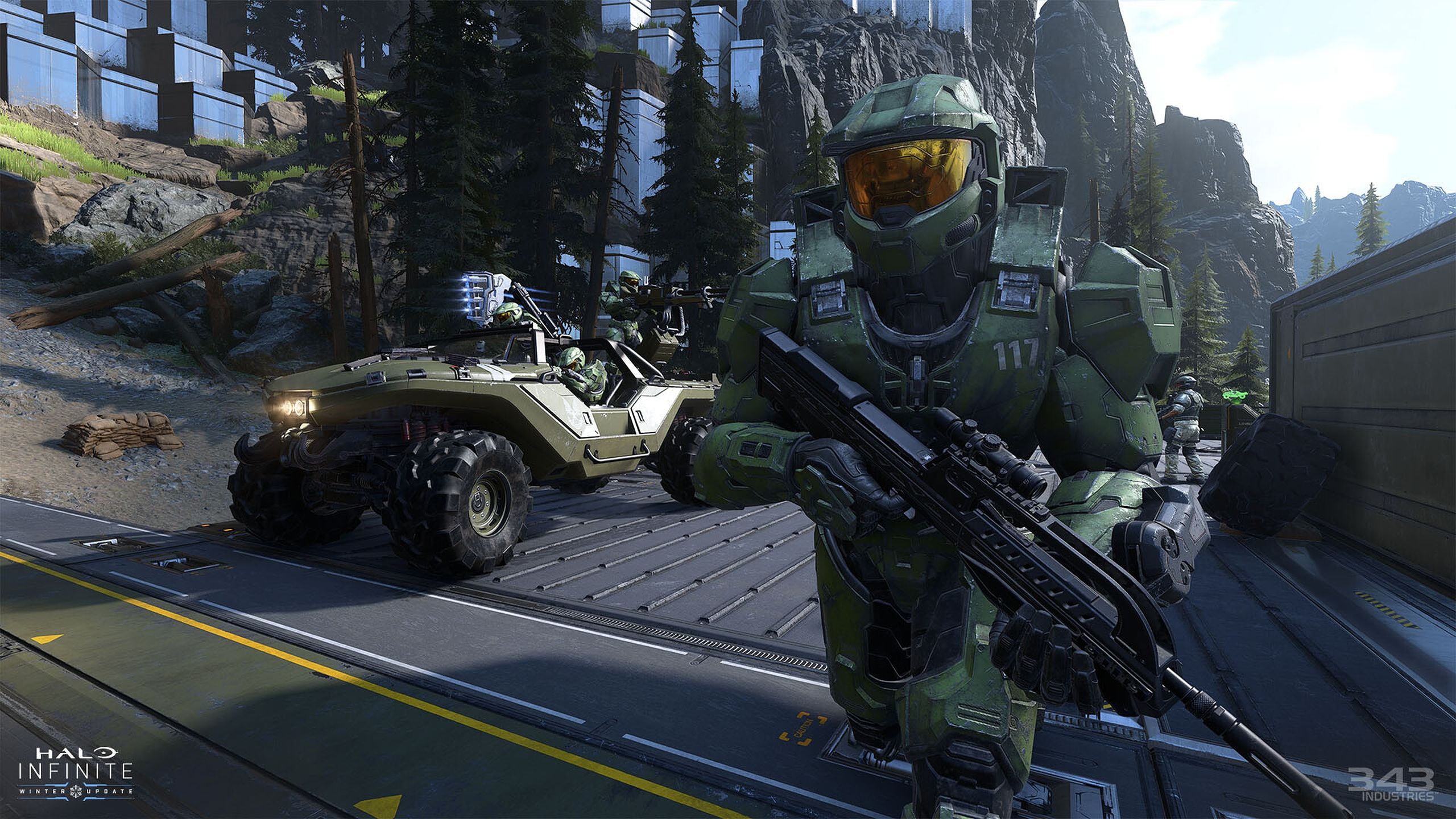 Master Chief next to a Warthog.