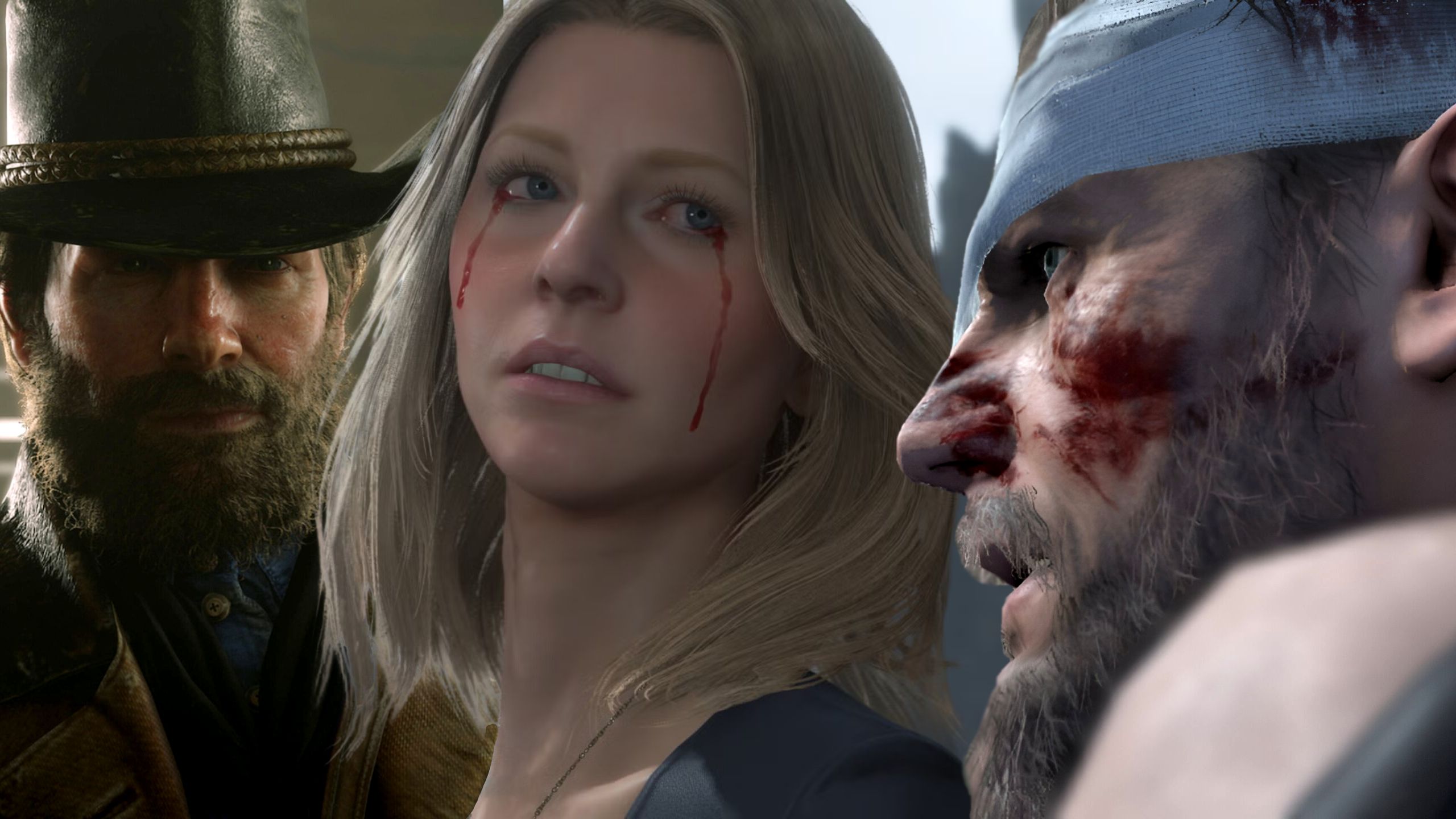Arthur Morgan from Red Dead Redemption 2, Amelie Strand from Death Stranding, and Venom Snake from Metal Gear Solid V.