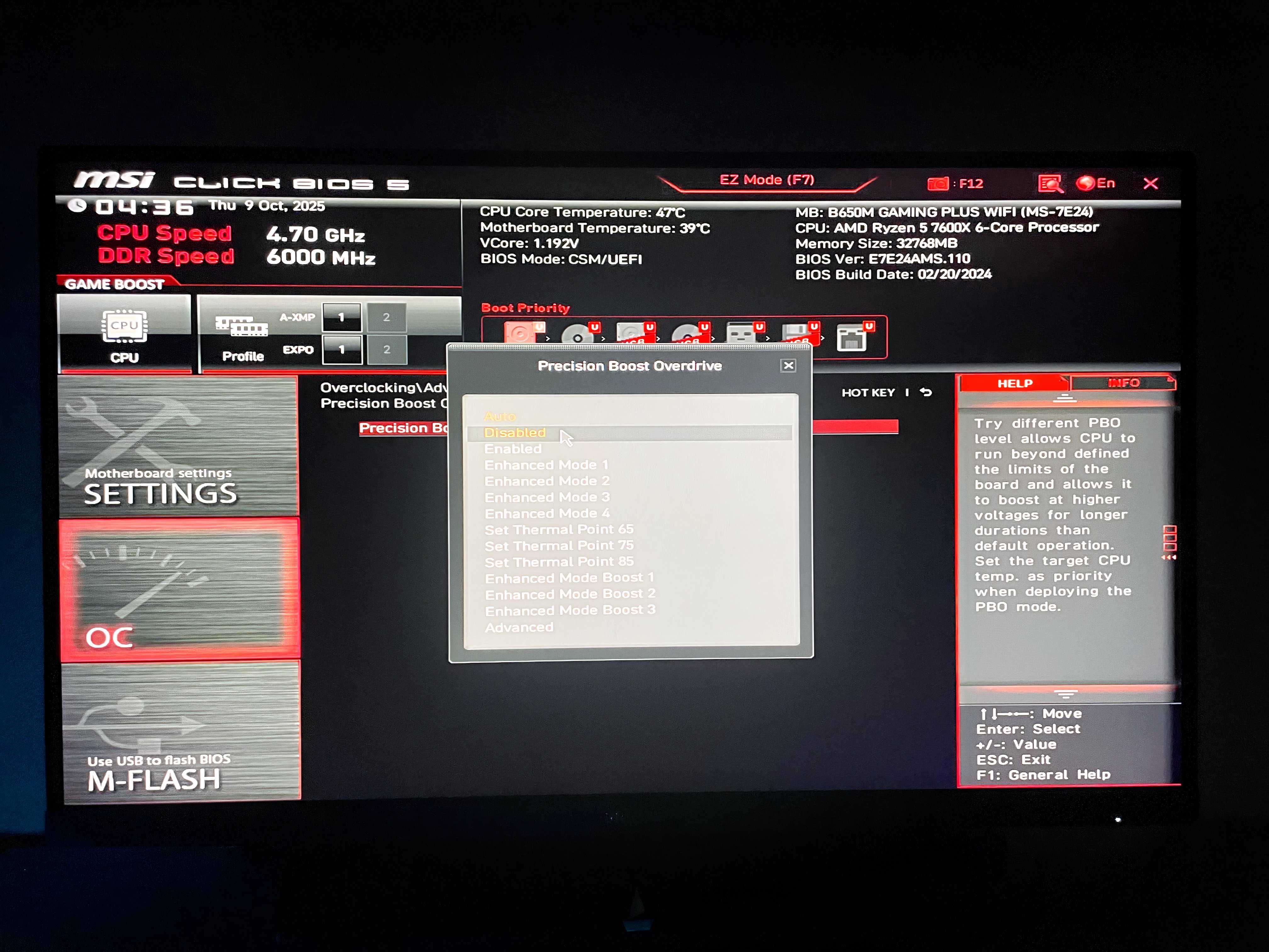 An image featuring the BIOS settings of an MSI-based computer, highlighting an option to disable PBO settings.