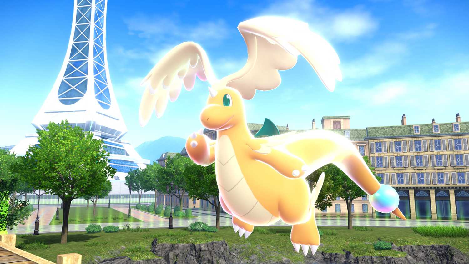 Mega Dragonite flies around Lumiose City in Pokemon Legends Z-A