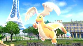 Mega Dragonite flies around Lumiose City in Pokemon Legends Z-A
