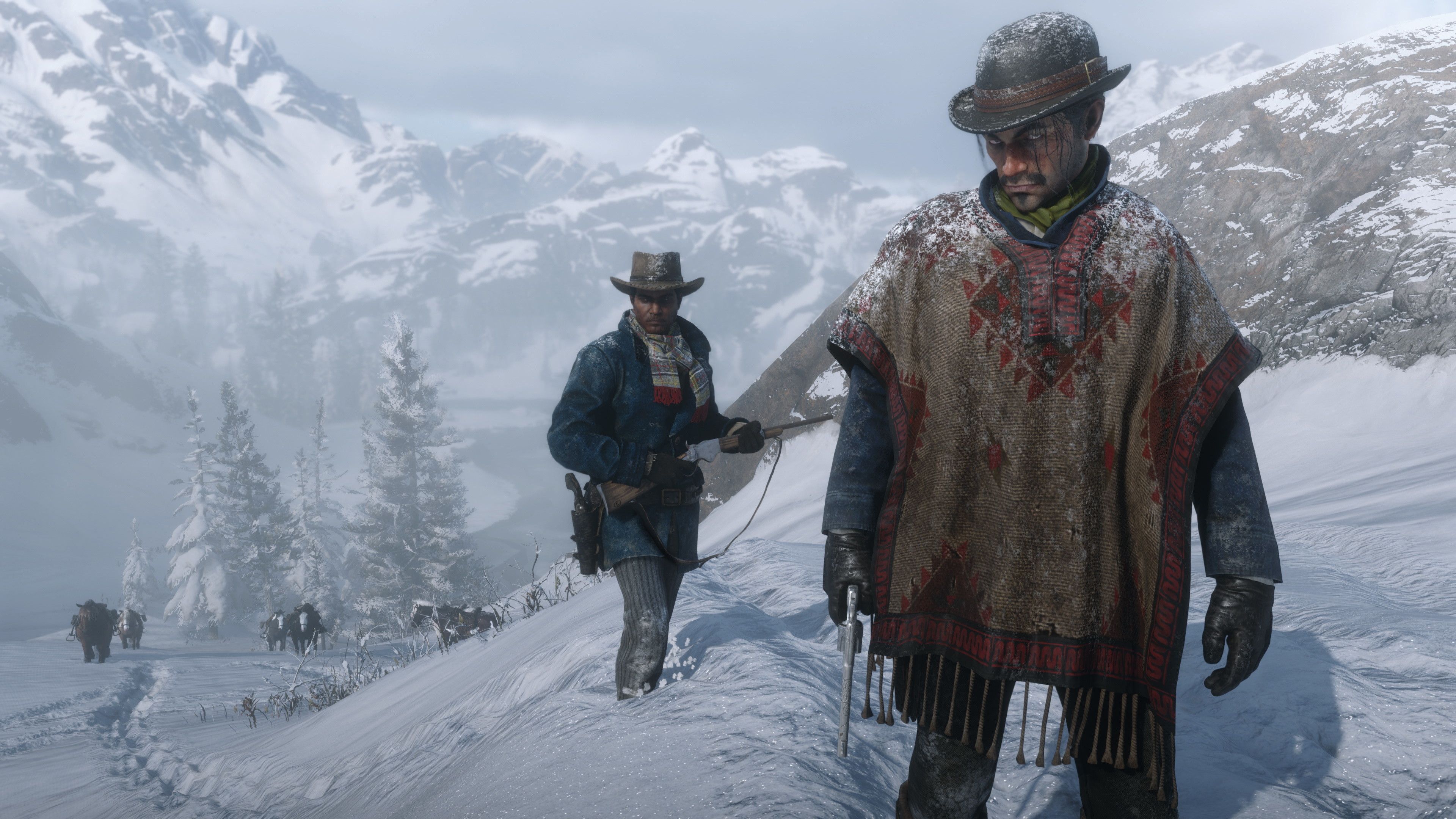 Characters in the snowy mountains in Red Dead Redemption 2.