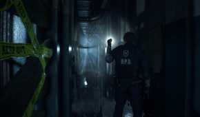 Leon Kennedy flashing a torch in a tight hallway in Resident Evil 2 remake.