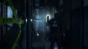 Leon Kennedy flashing a torch in a tight hallway in Resident Evil 2 remake.