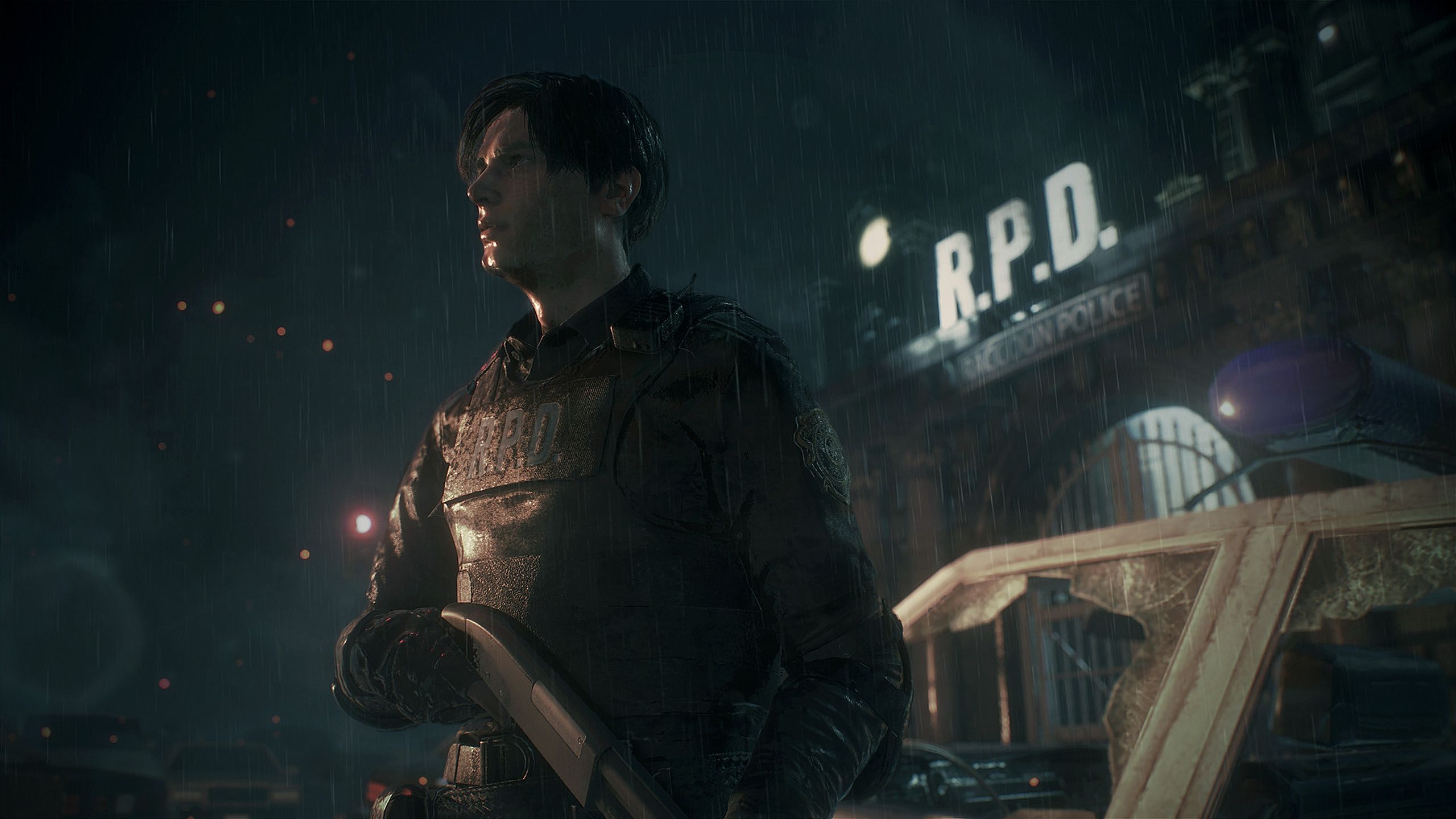 Leon Kennedy standing outside the RPD in Resident Evil 2 remake.