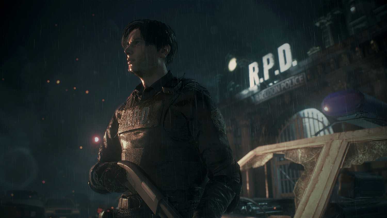 Leon Kennedy standing outside the RPD in Resident Evil 2 remake.