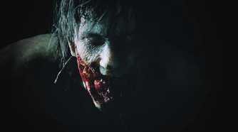 A close-up of a bloodied zombie face in Resident Evil 2 remake.