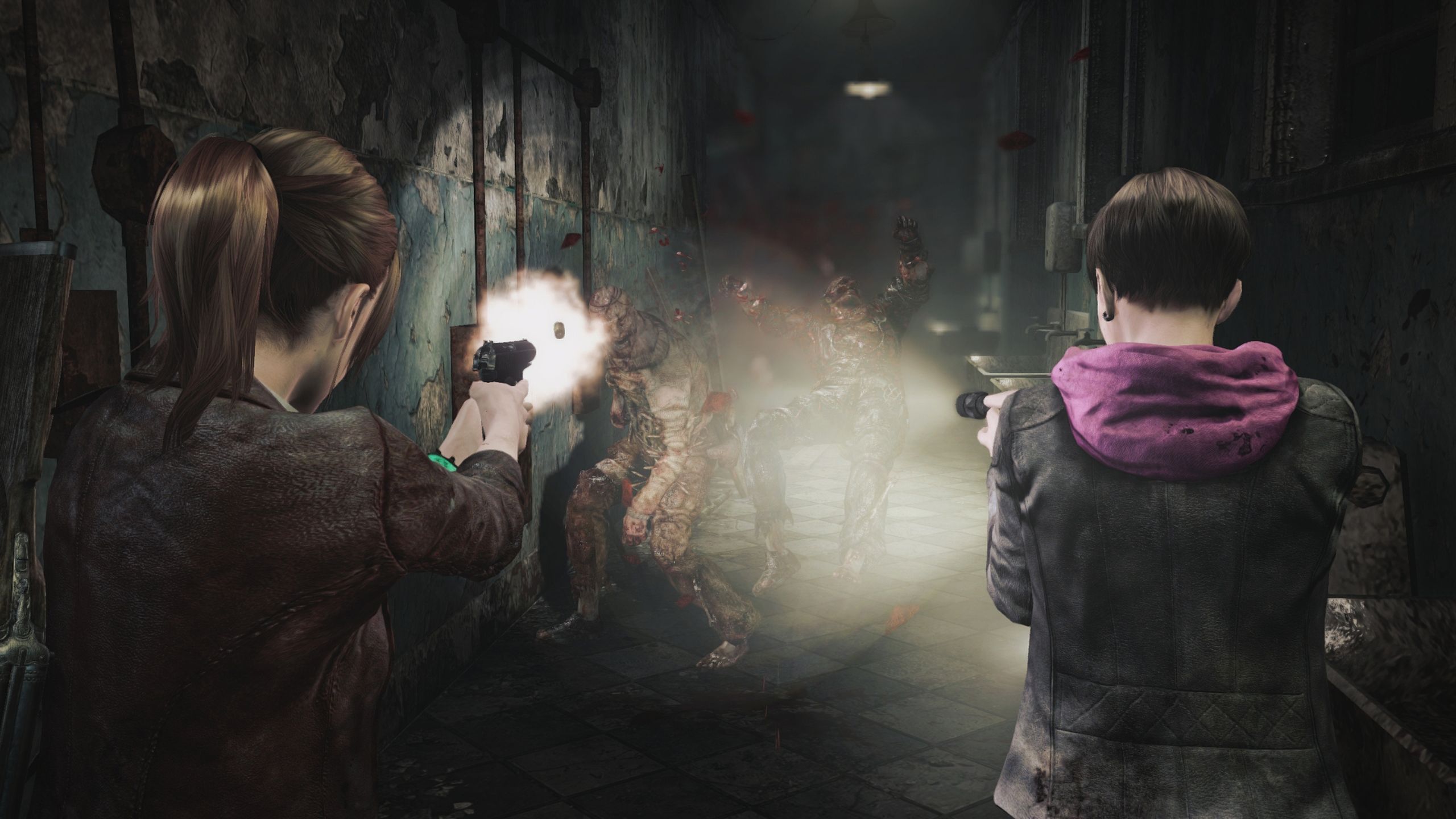 Claire Redfield and Moira Burton shooting at monsters in Resident Evil: Revelations 2.