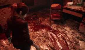 Claire Redfield looking at a pool of blood on the floor.