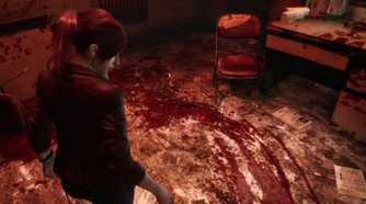 Claire Redfield looking at a pool of blood on the floor.