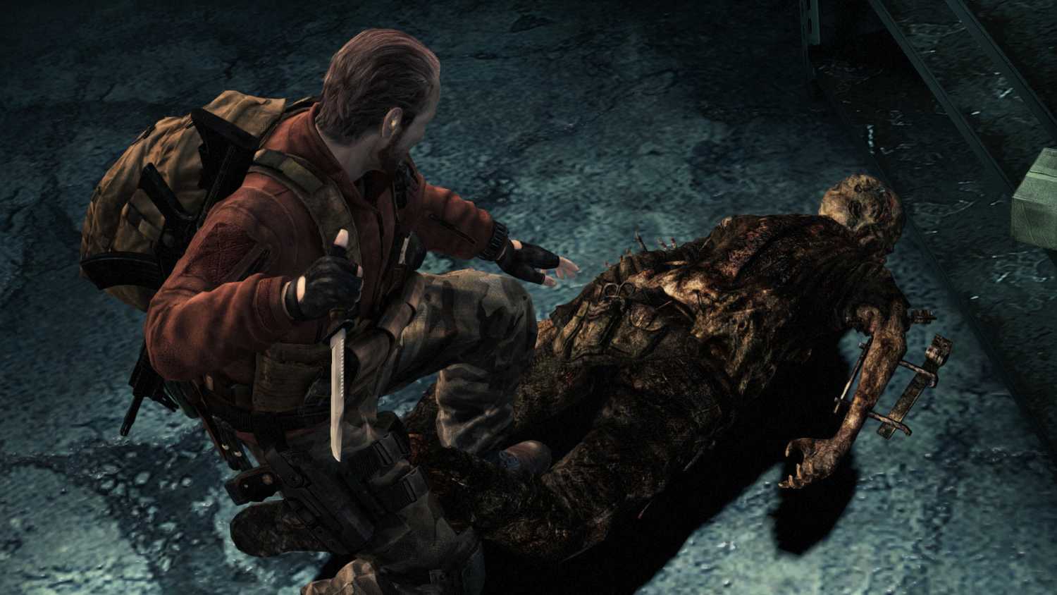 Barry Burton next to a corpse in Resident Evil: Revelations 2.