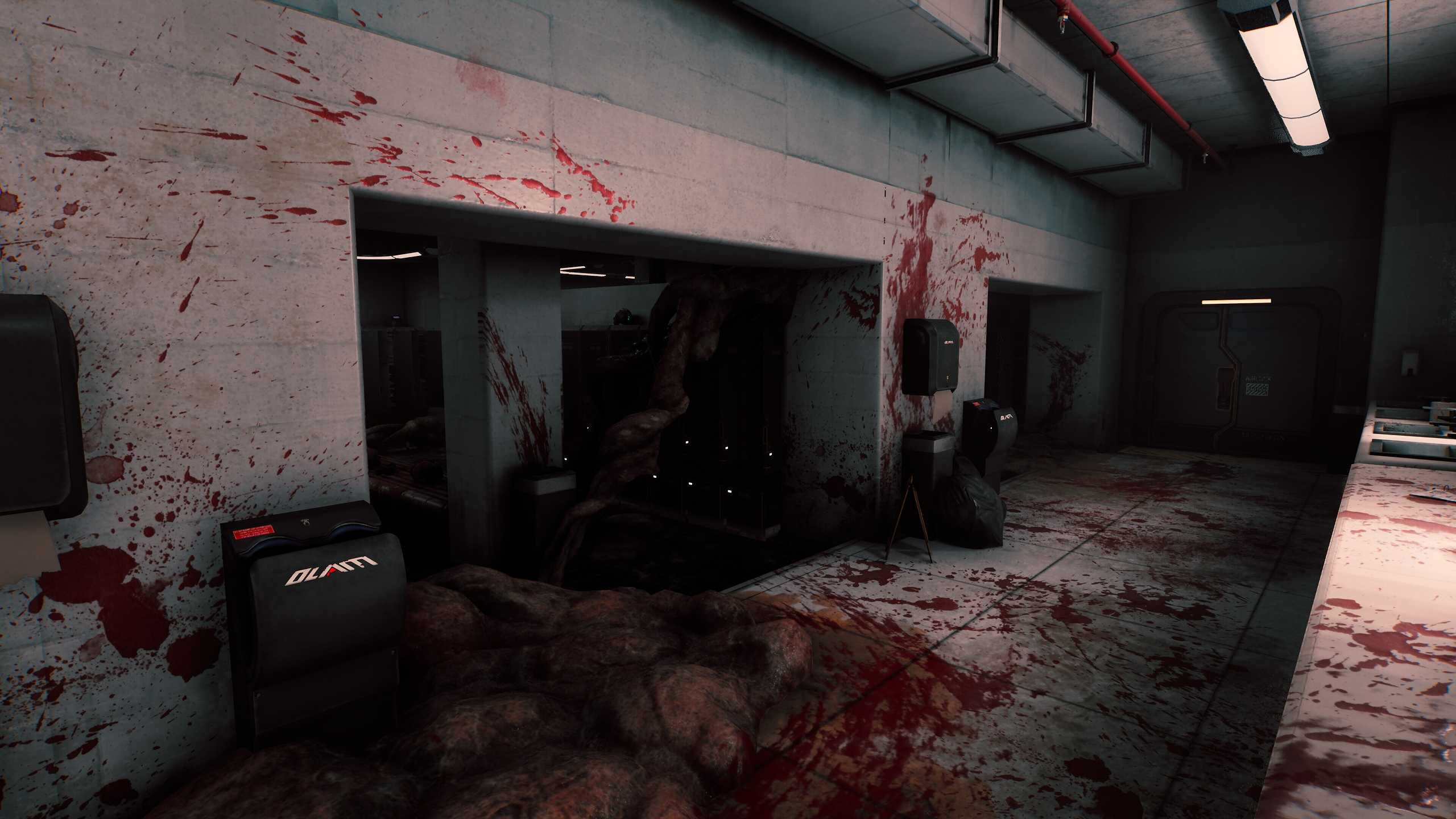 A blood-stained washroom in SCP: Fragmented Minds.