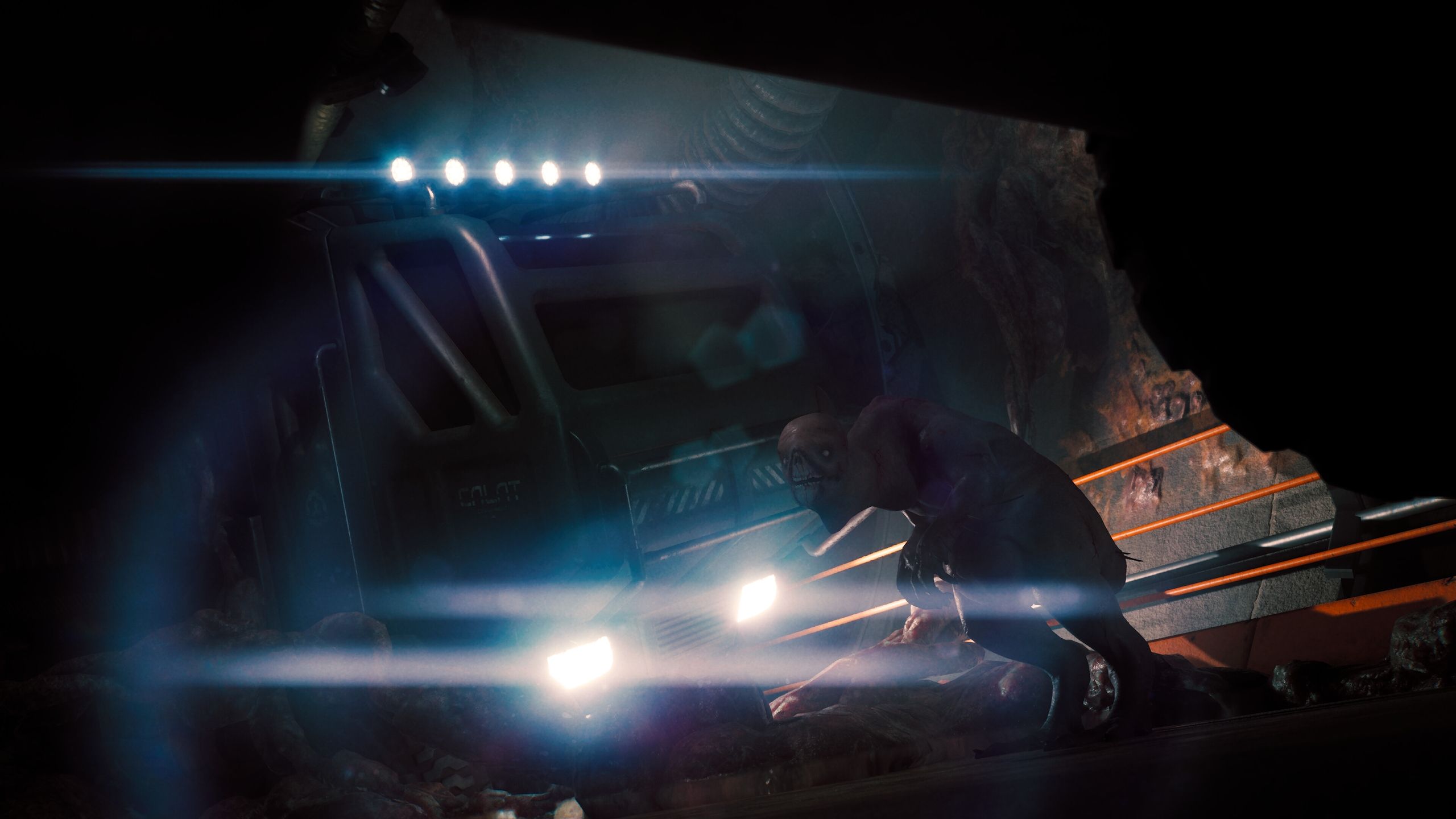 A monstrous creature standing in front of a crashed truck's headlights in SCP: Fragmented Minds.