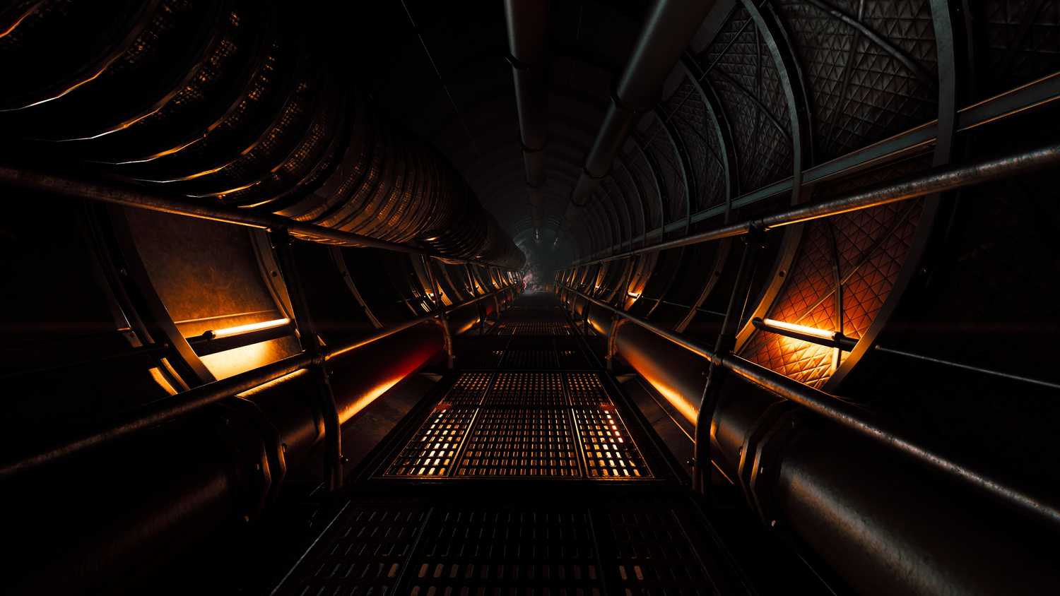 A dimly-lit walkway in SCP: Fragmented Minds.