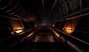 A dimly-lit walkway in SCP: Fragmented Minds.