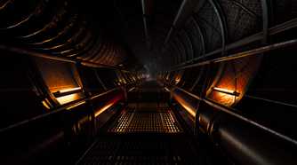 A dimly-lit walkway in SCP: Fragmented Minds.