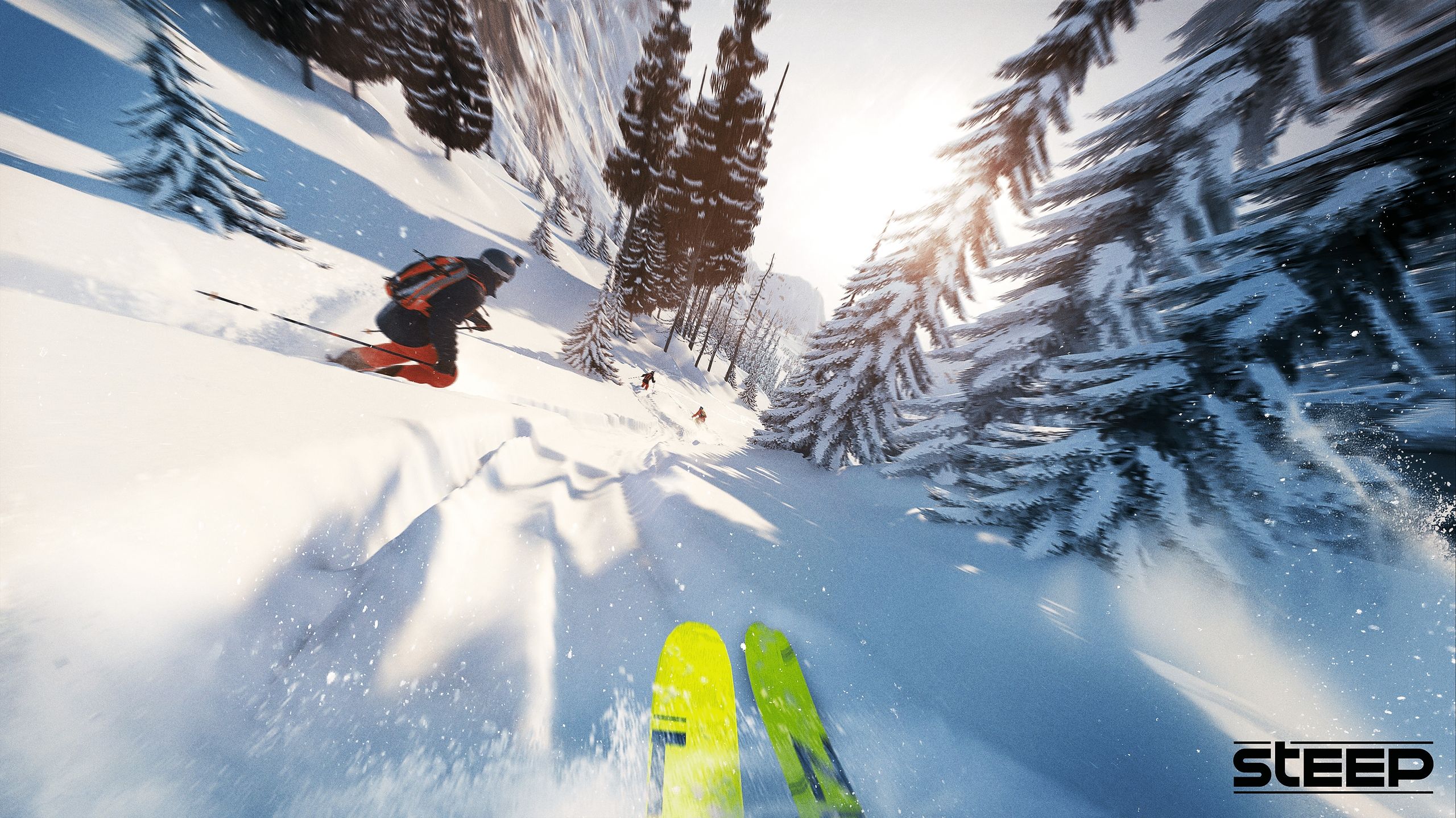 A first-person gameplay screenshot of a player skiing down an icy mountain in the European alps in the game Steep.