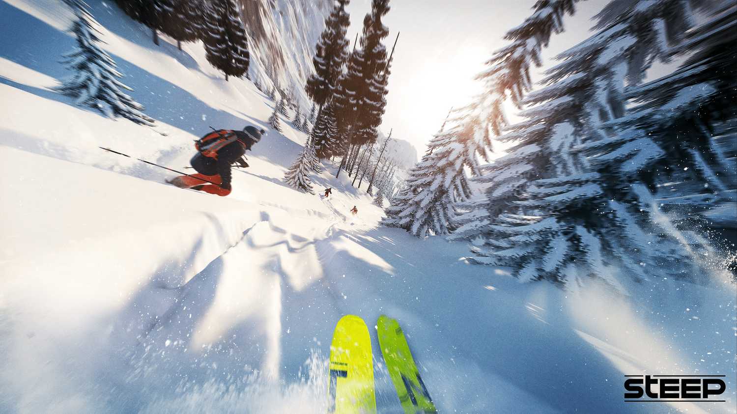 A first-person gameplay screenshot of a player skiing down an icy mountain in the European alps in the game Steep.