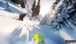 A first-person gameplay screenshot of a player skiing down an icy mountain in the European alps in the game Steep.
