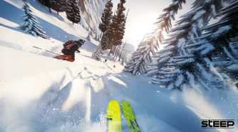 A first-person gameplay screenshot of a player skiing down an icy mountain in the European alps in the game Steep.