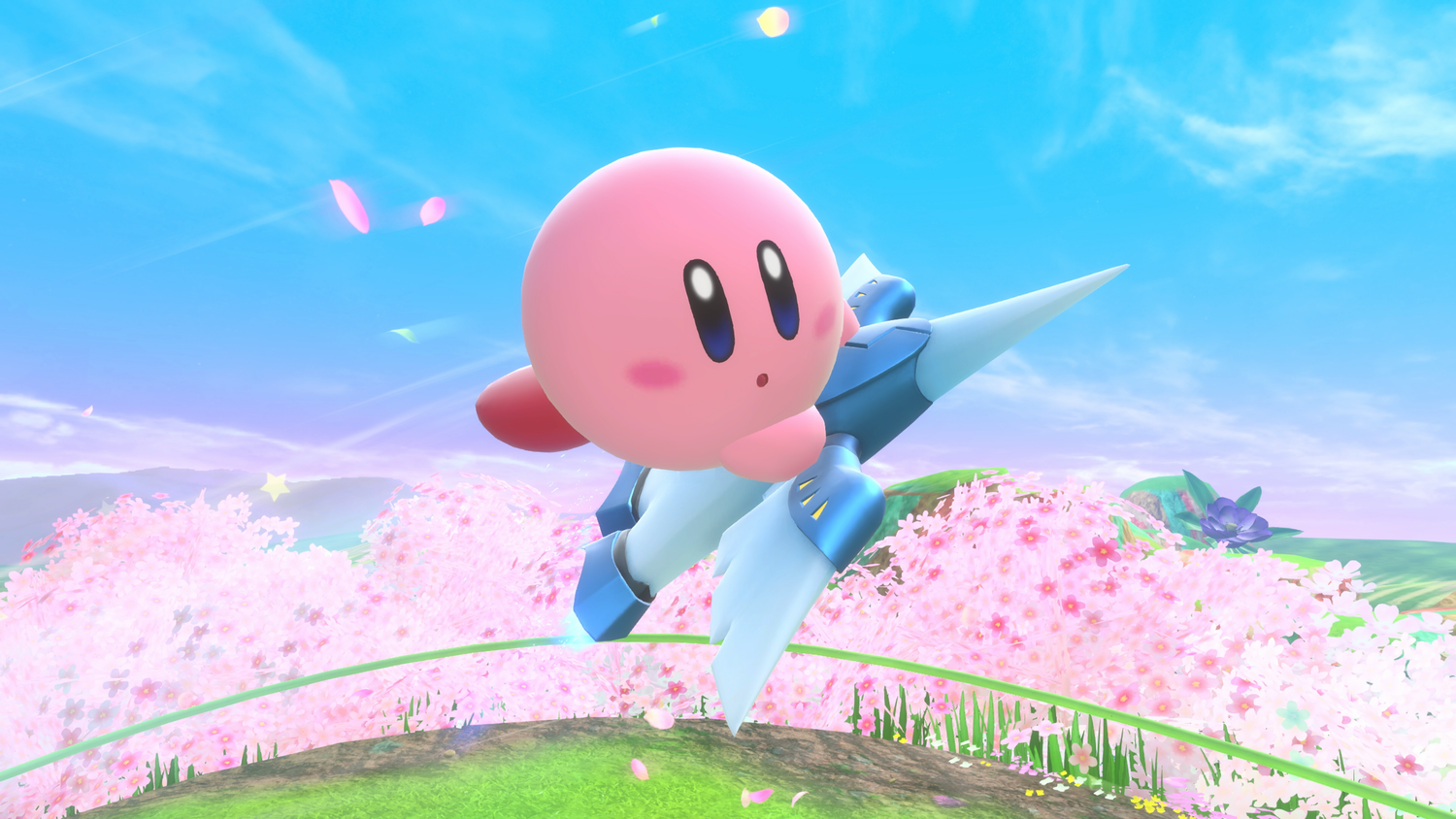 Kirby flies on a machine in Kirby Air Riders