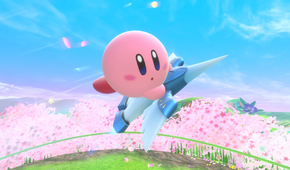 Kirby flies on a machine in Kirby Air Riders