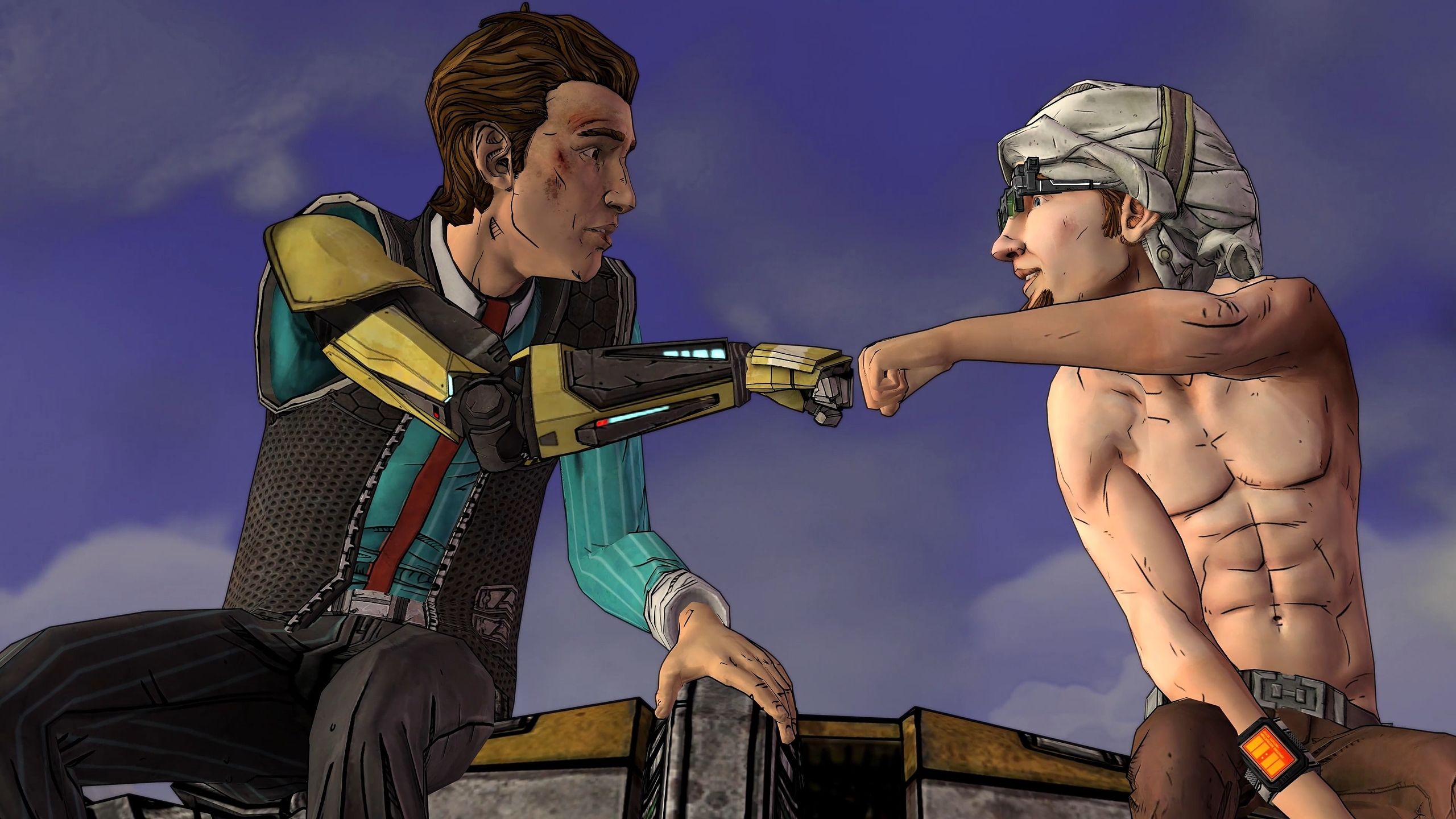Rhys fist bumping Vaughn in Tales from the Borderlands.