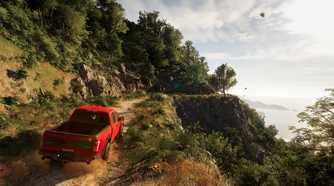 An F-150 Raptor driving down a mountain trail in Hawaii in Test Drive Unlimited Solar Crown.