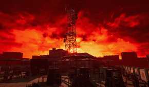 A radio tower with the sky a fiery red in The Inn-Sanity.