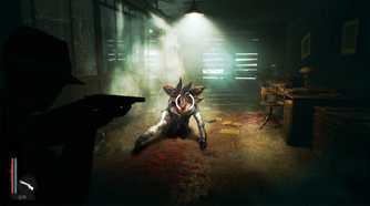 Aiming a shotgun at a Lovecraftian monster emerging from the ground in The Sinking City Remastered.