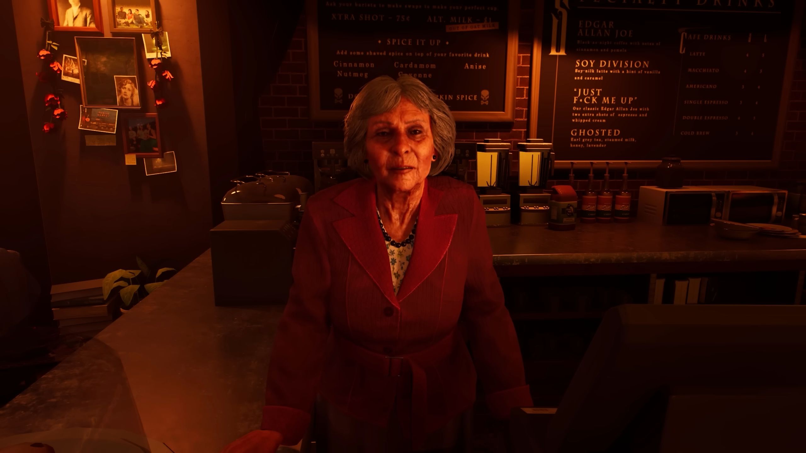 An old lady behind a bar counter in Vampire: The Masquerade – Bloodlines 2.