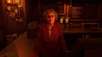An old lady behind a bar counter in Vampire: The Masquerade – Bloodlines 2.