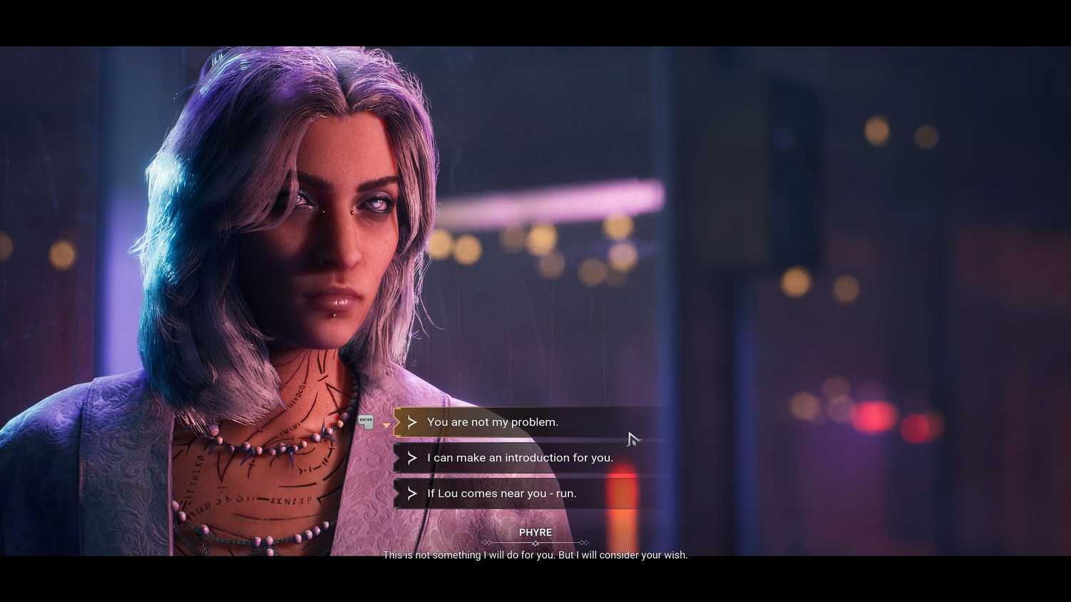 Phyre's conversational options in Vampire: The Masquerade – Bloodlines 2.
